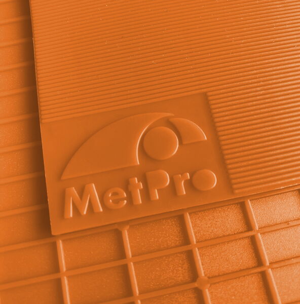 Close-up view of the tangerine-colored BioCor® PowerCard 200, highlighting the raised MetPro logo.